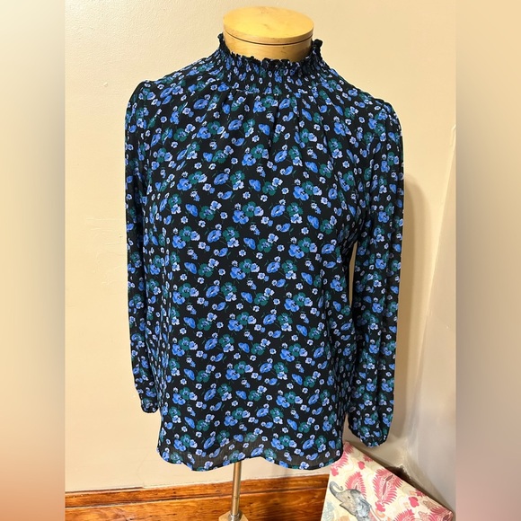 J Crew Factory Shirt Womens Small Floral Mock Neck Blouse Top Cottage Blue - Picture 3 of 12